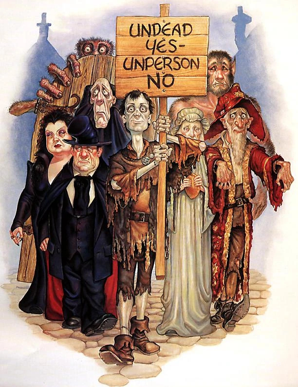 Illustration by Paul Kidby: Zombie leads a small parade of undead citizens with a wooden sign that reads UNDEAD YES - UNPERSON NO